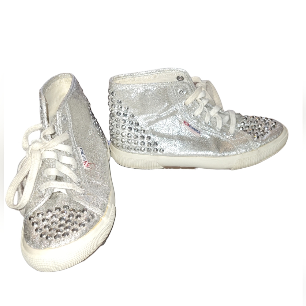 Superga Lame Men's 6 Women's 7.5 US High Tops Silver Studs lace up